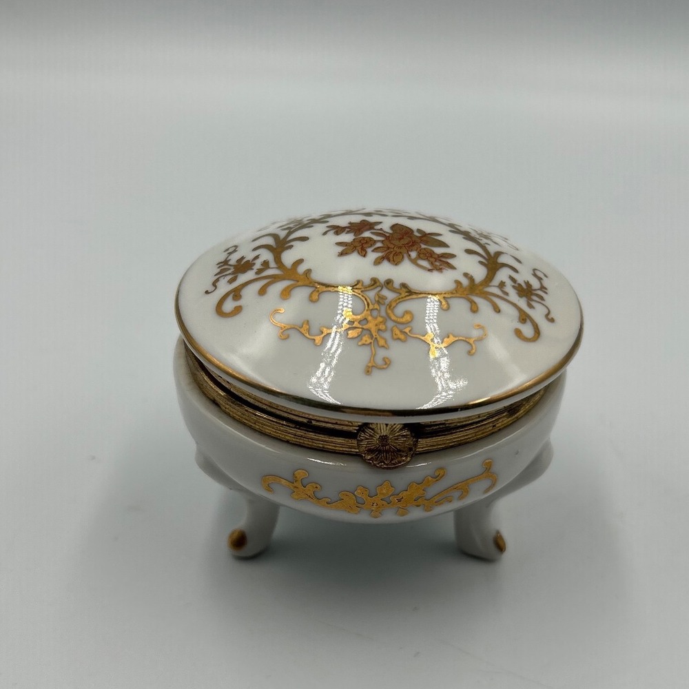 Parma by AAI Vintage Porcelain Trinket Box Gold Filigree Floral Hinged Footed